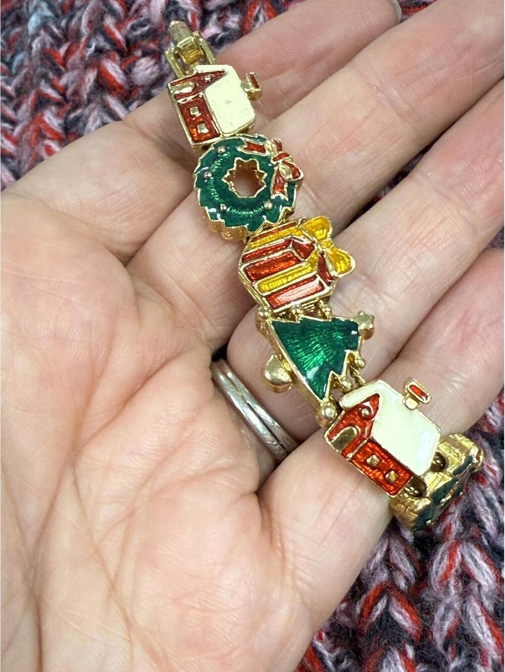 Vintage Holiday Christmas Charm Bracelet with Santa, Wreath, Tree, and Gifts